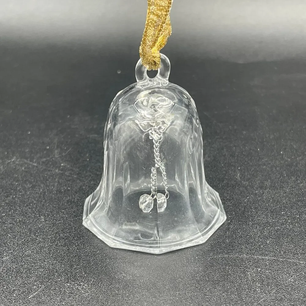 Vintage Clear Faceted Glass Crystal Christmas Bell Ornament Gold Hanging Ribbon
